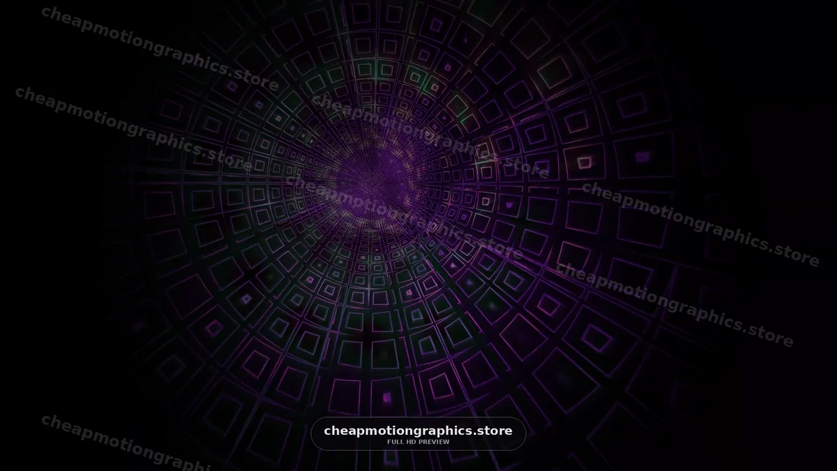 Vivid abstract shapes swirl in a tunnel of purple and black