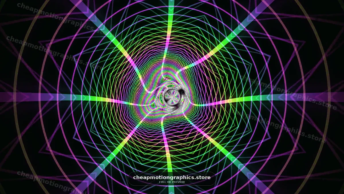 Colorful geometric patterns create a tunnel effect in motion