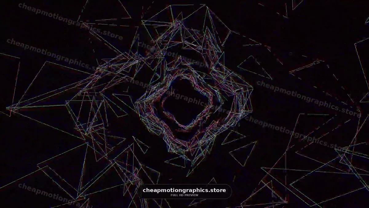 Geometric shapes move in a spiral pattern on a dark background