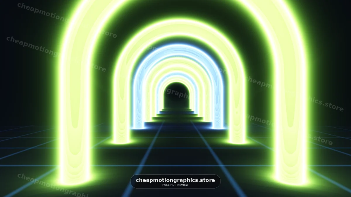 Neon arches create glowing pathways in a dark space