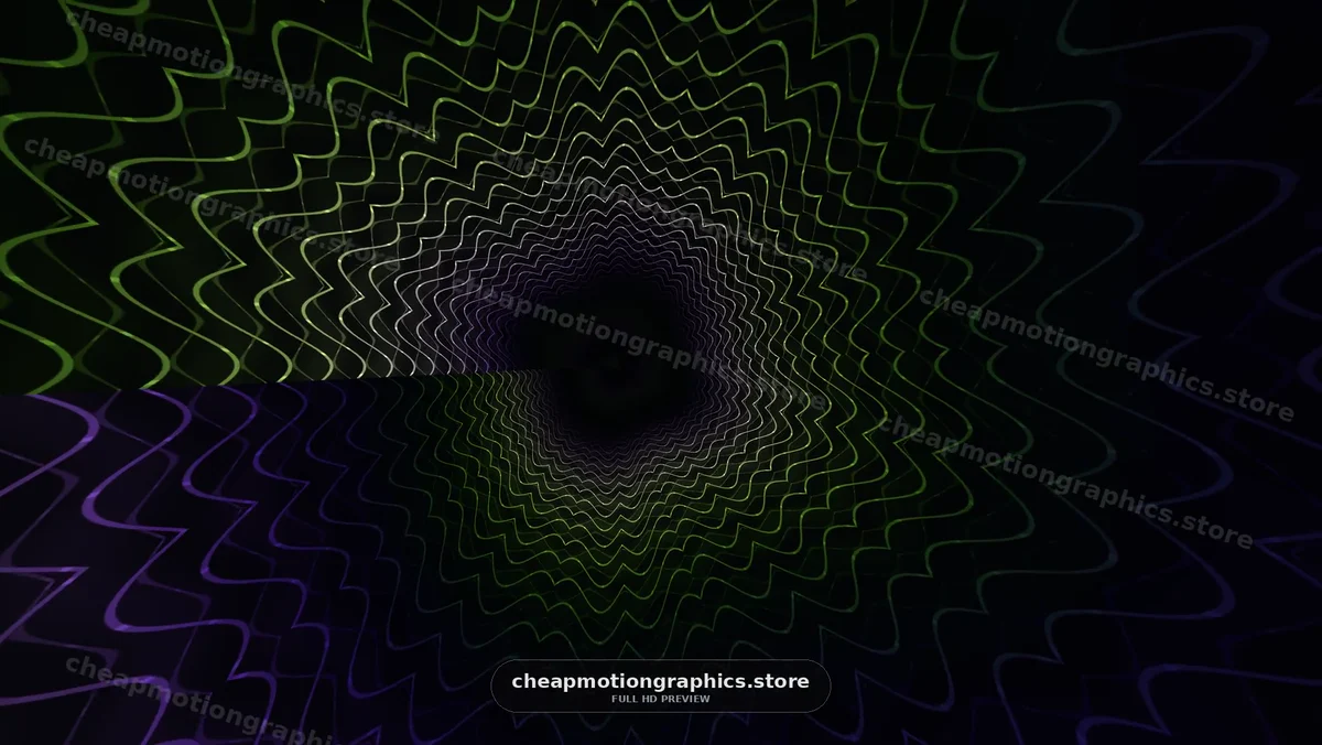 Visual patterns create a swirling effect in a dark space