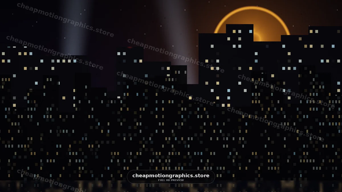 City skyline at night with glowing windows and rising moon