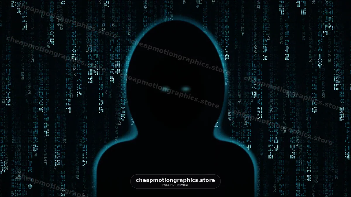 Glowing-Eyed Hooded Silhouette in Digital Rain