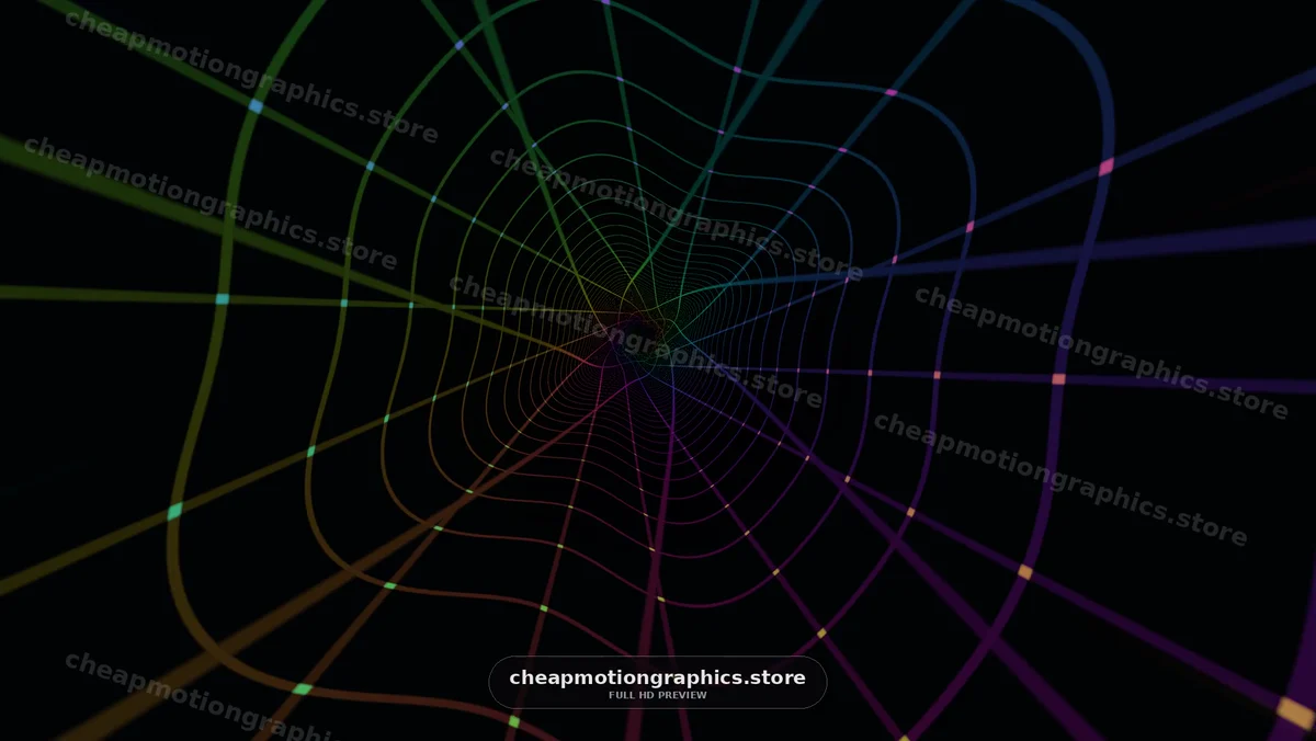 Colorful geometric tunnel with moving lines on dark backdrop