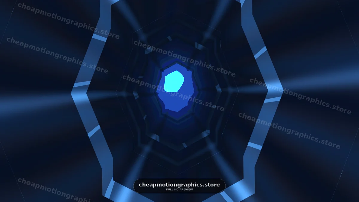 Abstract view of blue tunnel with symmetrical shapes and lighting
